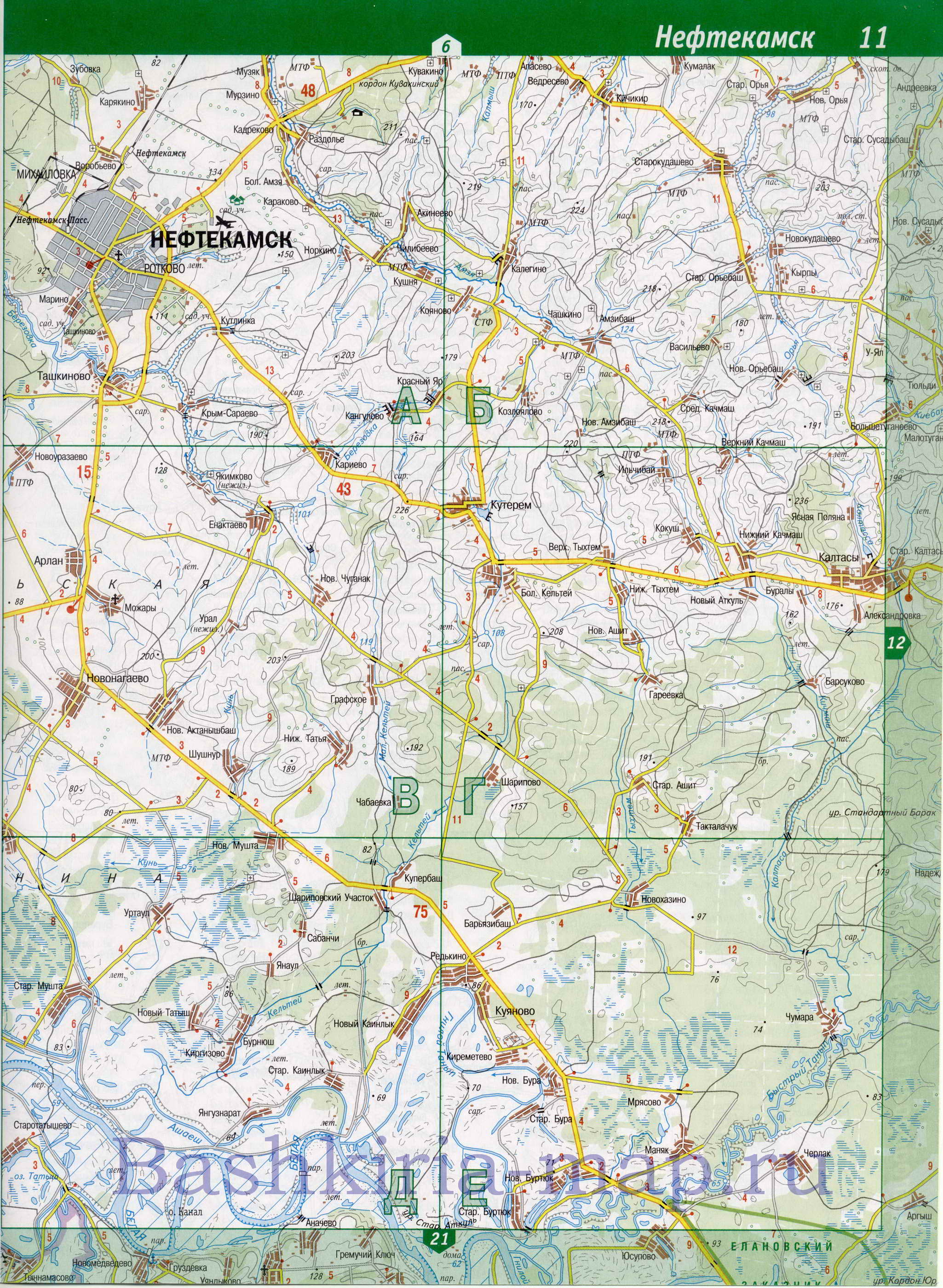 Карта Янаульского района Башкирии. Подробная карта автомобильных дорог - Янаульский район, A1 - 