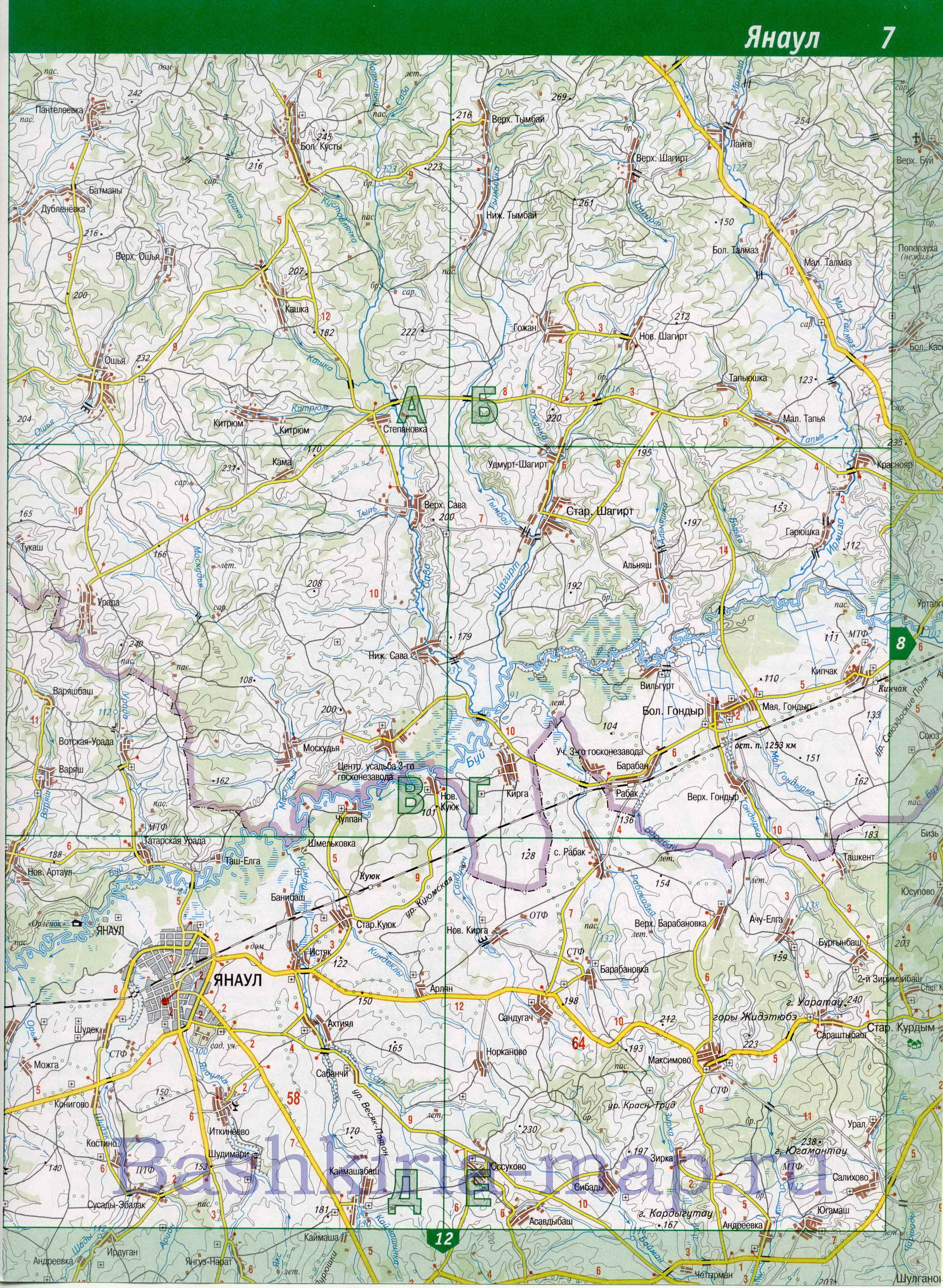 Карта Янаульского района Башкирии. Подробная карта автомобильных дорог - Янаульский район, B0 - 