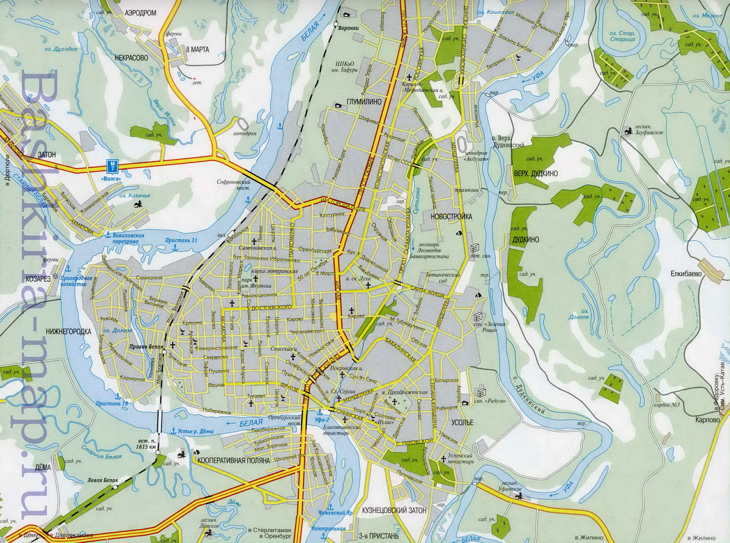 Карта схема Уфы. Подробная карта автодорог города Уфа. Автомобильная карта Уфы с названиями улиц, A1 - 