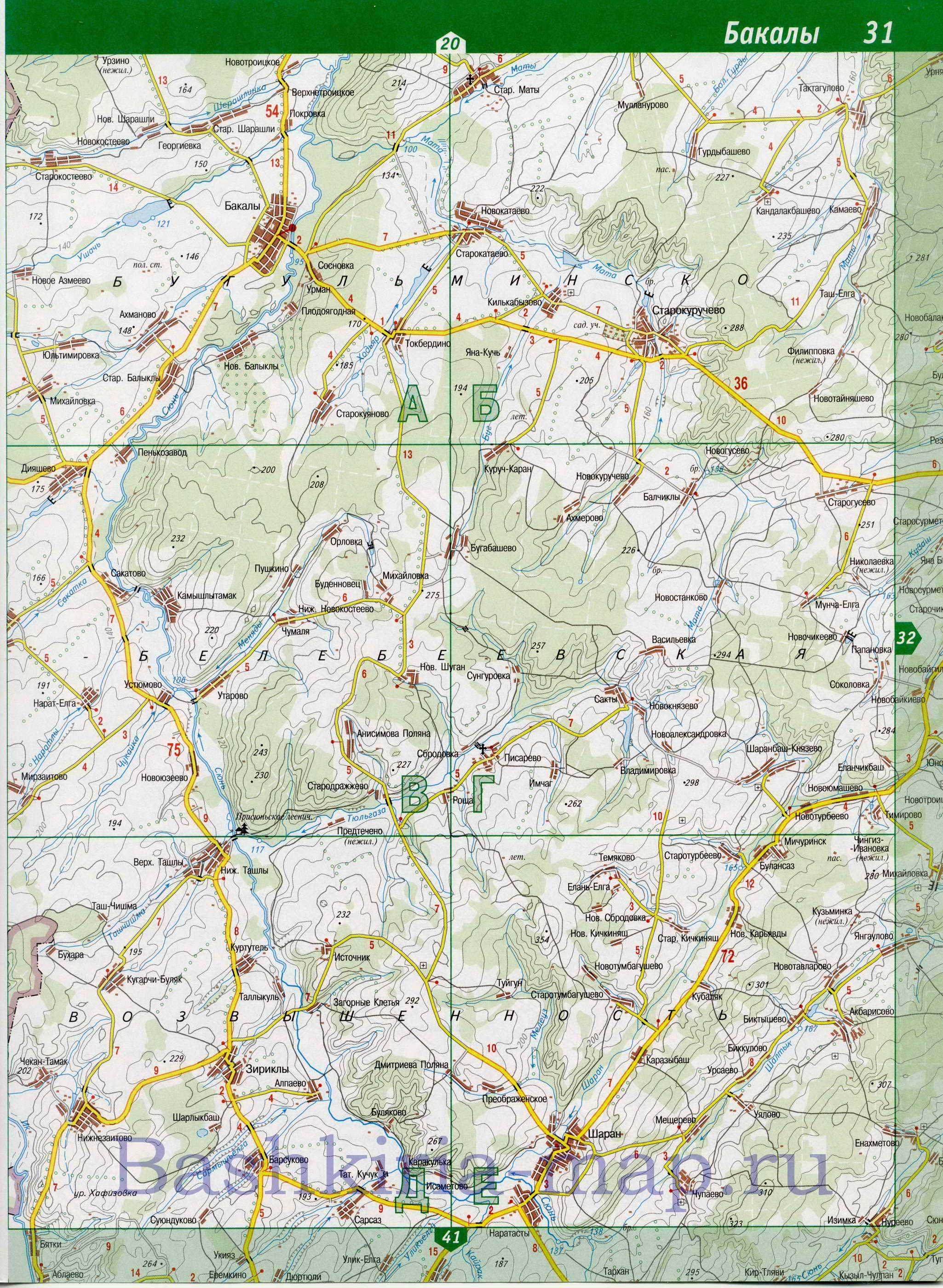 Карта Бакалинского района республики Башкортостан. Карта автомобильных дорог - Бакалинский район, B1 - 