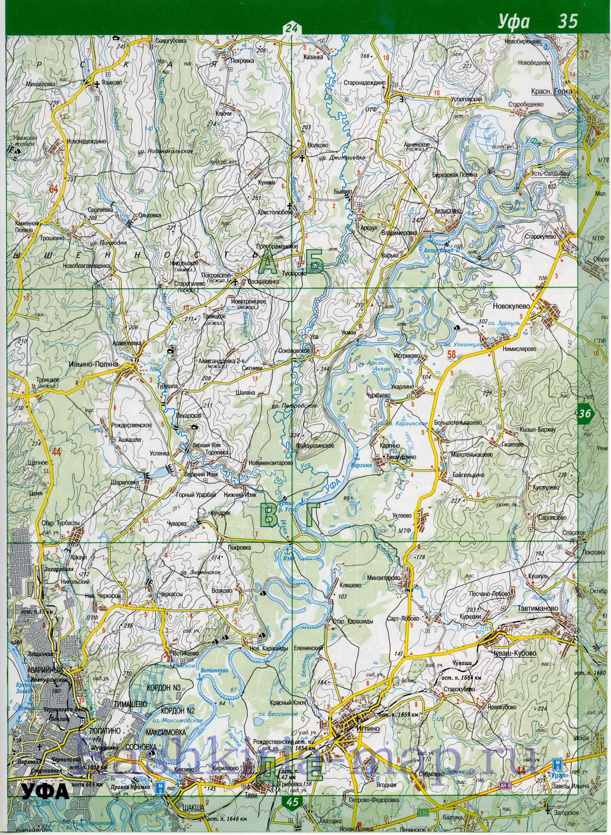 Карта Нуримановского района Башкирии. Подробная автомобильная карта - Нуримановский район, A1 - 