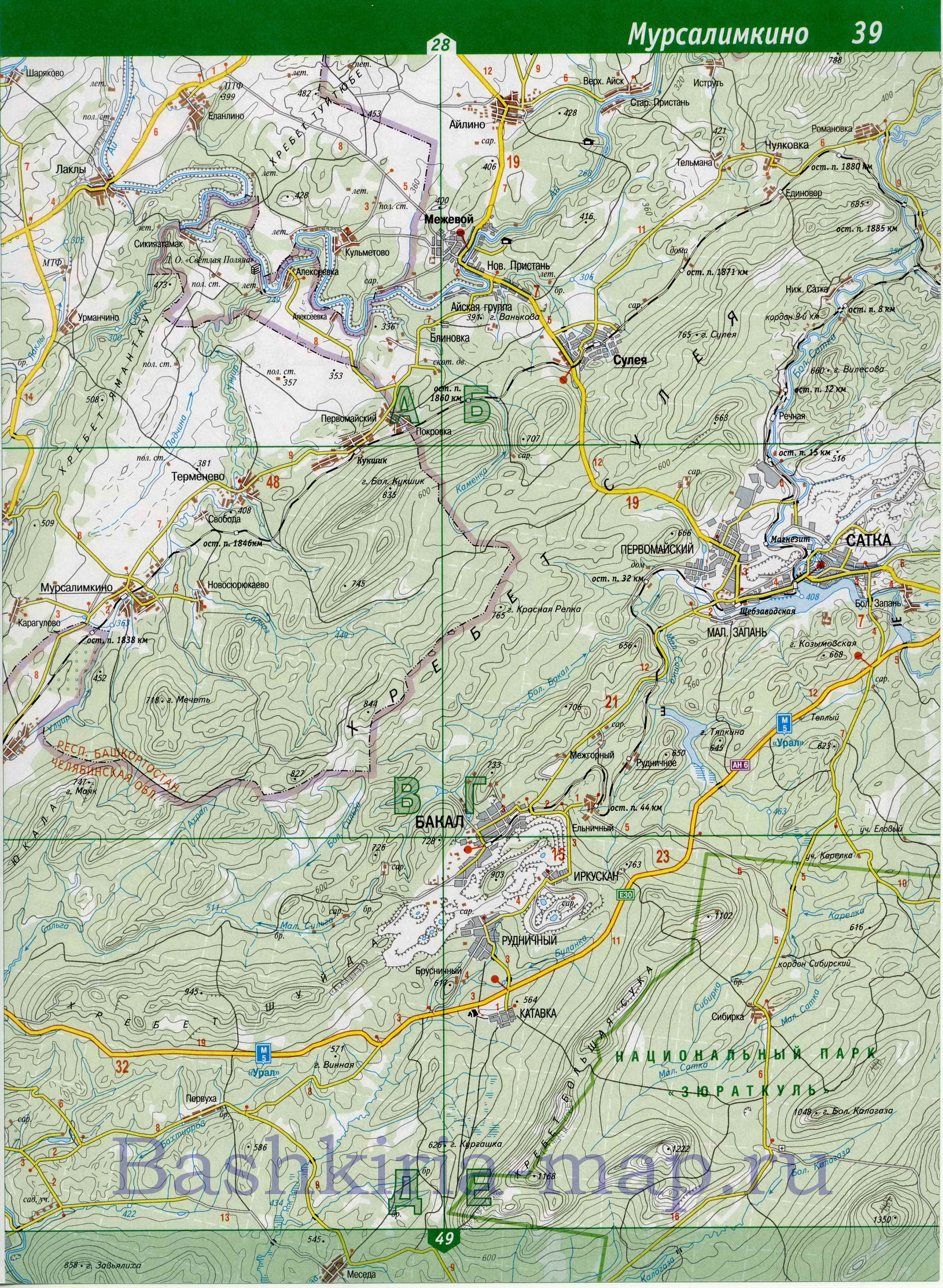Карта Салаватского района. Подробная топографическая карта Башкирии - Салаватский район, C0 - 