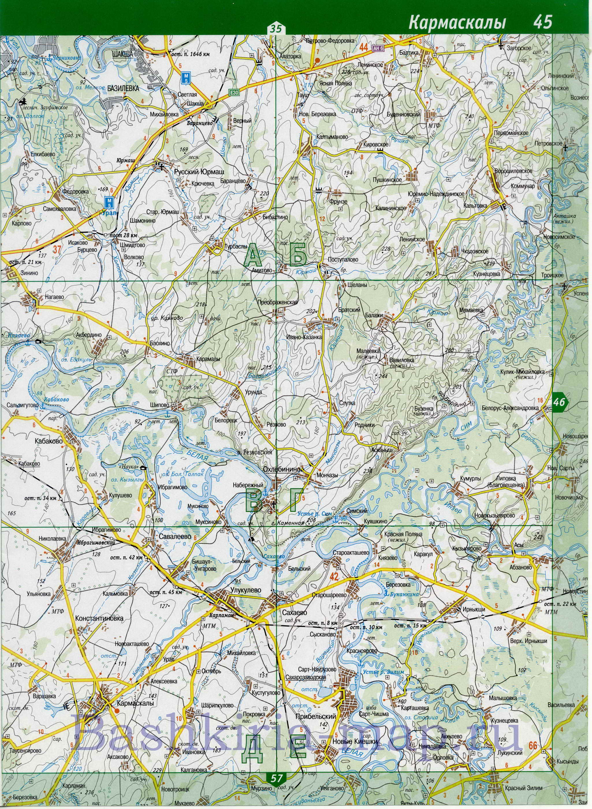 Карта Уфимского района Башкирии. Подробная карта автомобильных дорог - Уфимский район, B1 - 