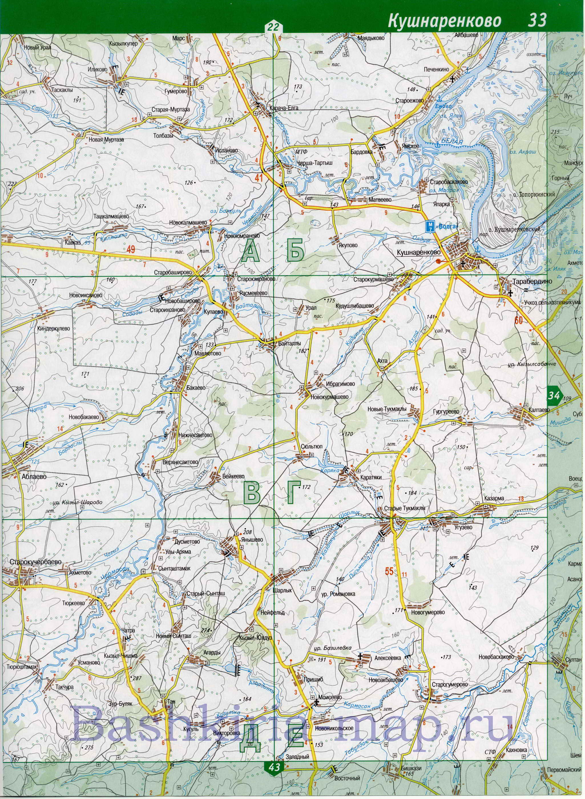 Карта Благоварского района Башкирии. Подробная карта автодорог - Благоварский район, B0 - 
