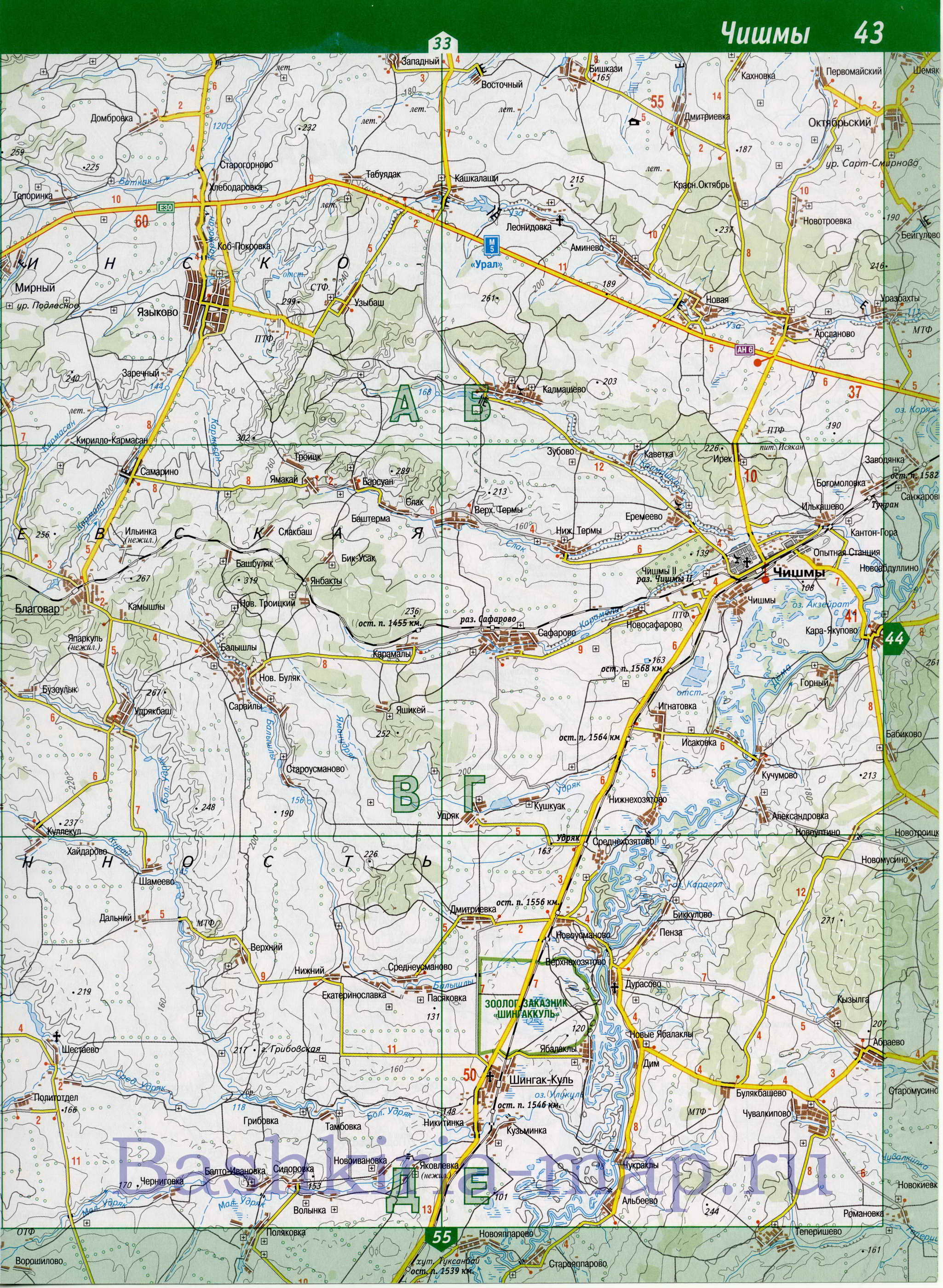 Карта Благоварского района Башкирии. Подробная карта автодорог - Благоварский район, B1 - 