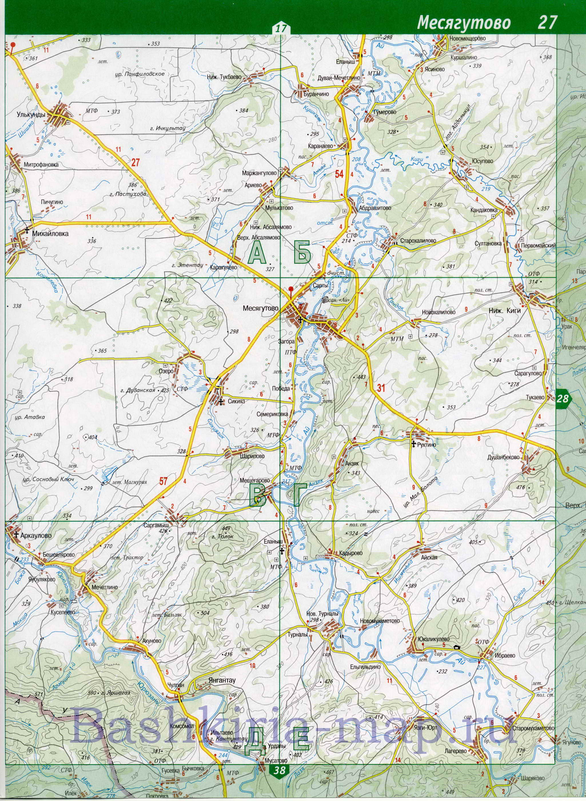 Карта Дуванского района Башкортостана. Подробная карта дорог Дуванский район, B1 - 