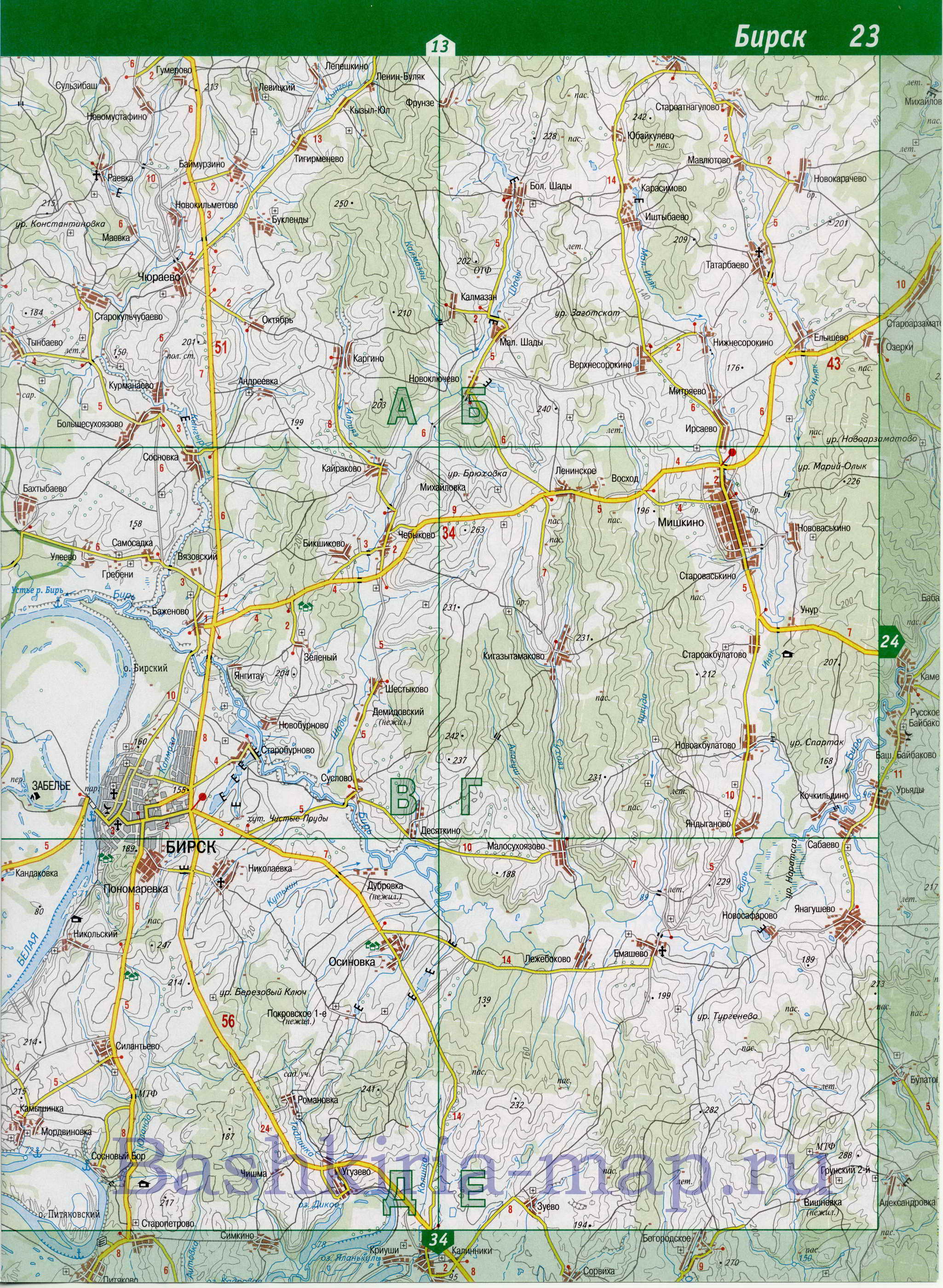Карта Дюртюлинского района Башкирии. Подробная карта автодорог - Дюртюлинский район, C0 - 