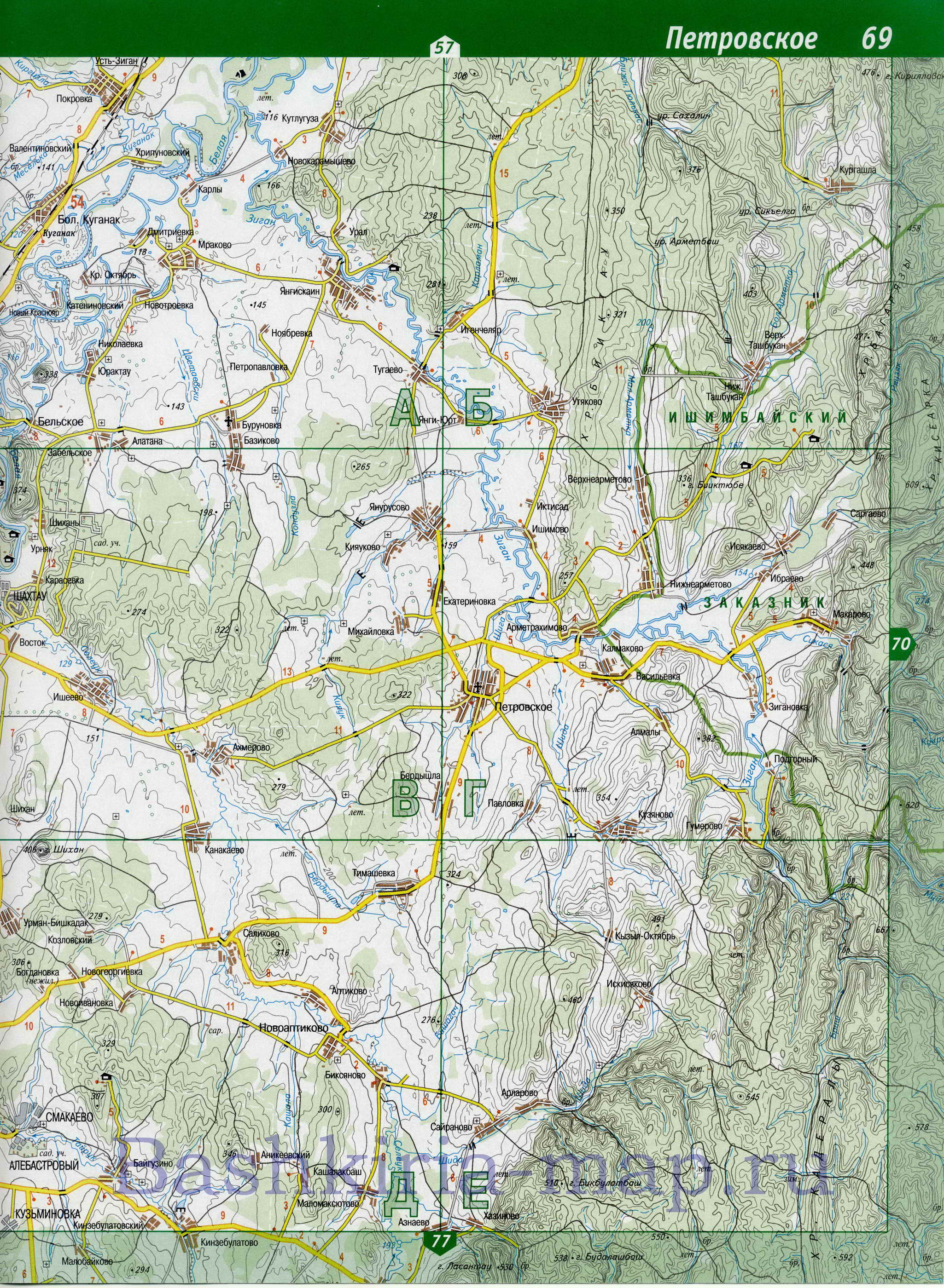 Карта Ишимбайского района. Атлас автомобильных дорог Башкортостана - Ишимбайский район, B0 - 